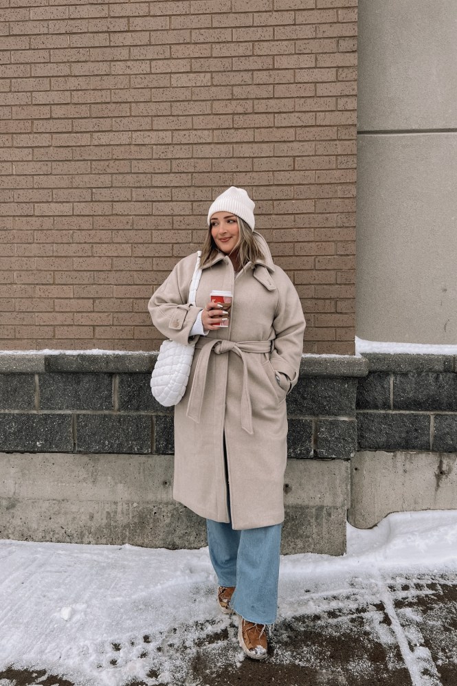 Oversized Belted Coat with Wide-Leg Jeans in Snow — Cold Weather Outfits