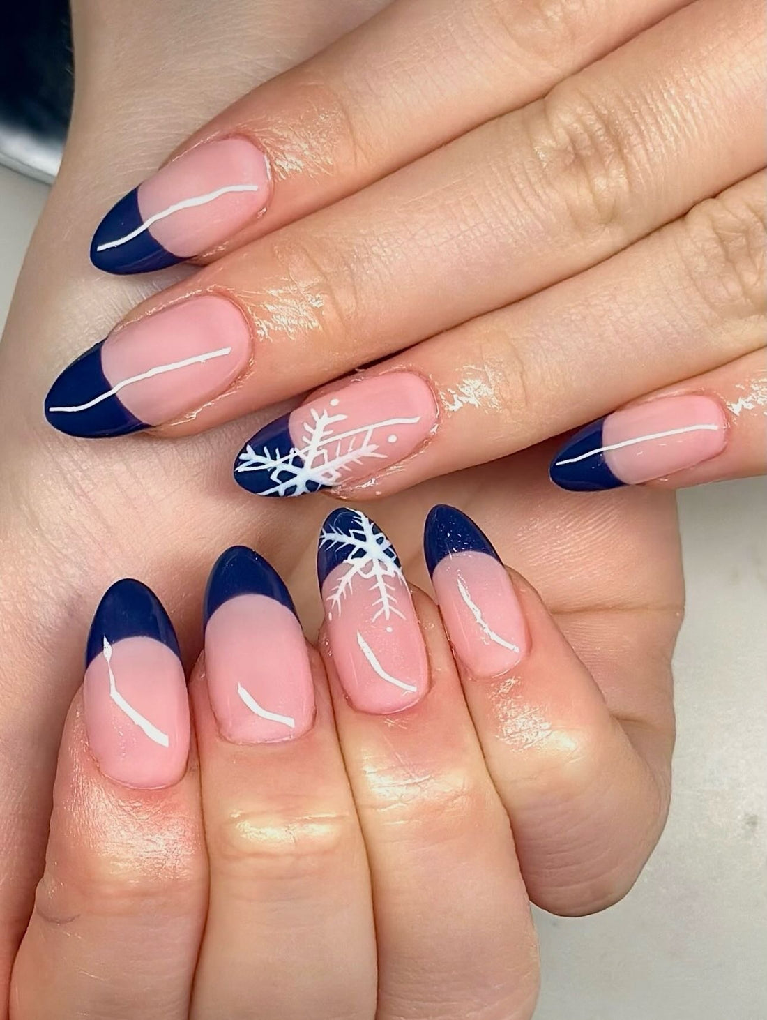 Deep Blue Snowflake French Tip Nails Deep Blue Snowflake French Tip Nails β Winter French Tip Nails