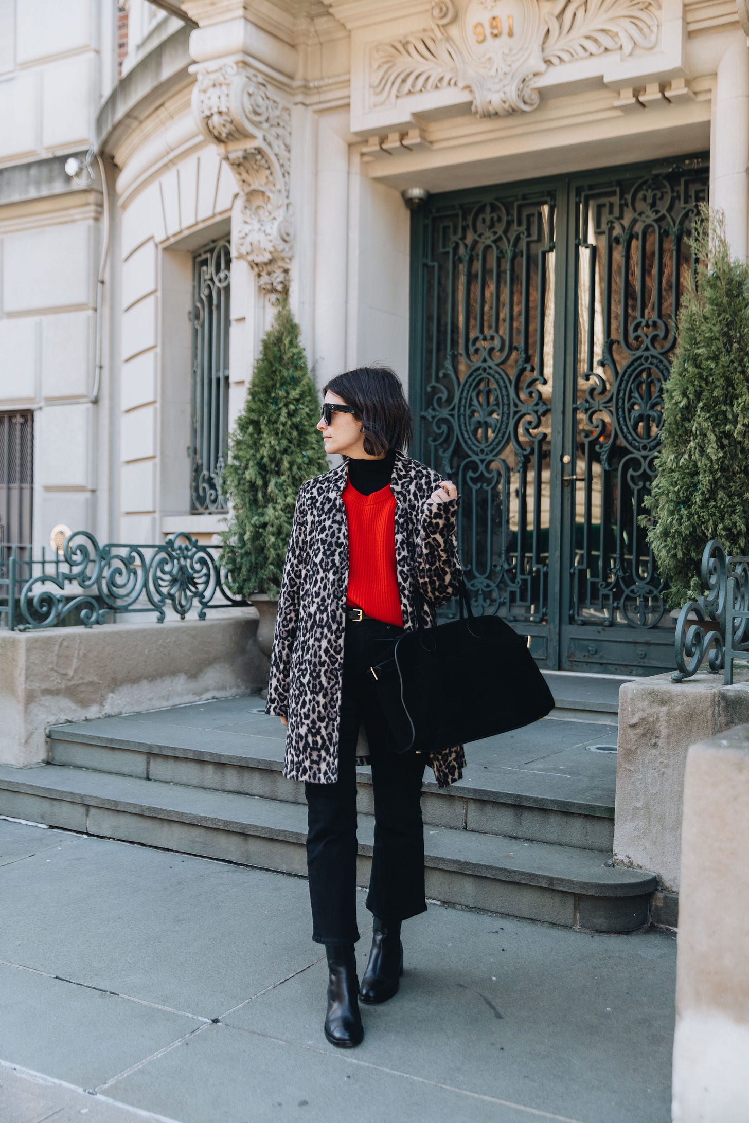 Leopard Print Coat Layered Over Red Sweater And Black Pants Leopard Print Coat Layered Over Red Sweater And Black Pants β Leopard Coat Outfits