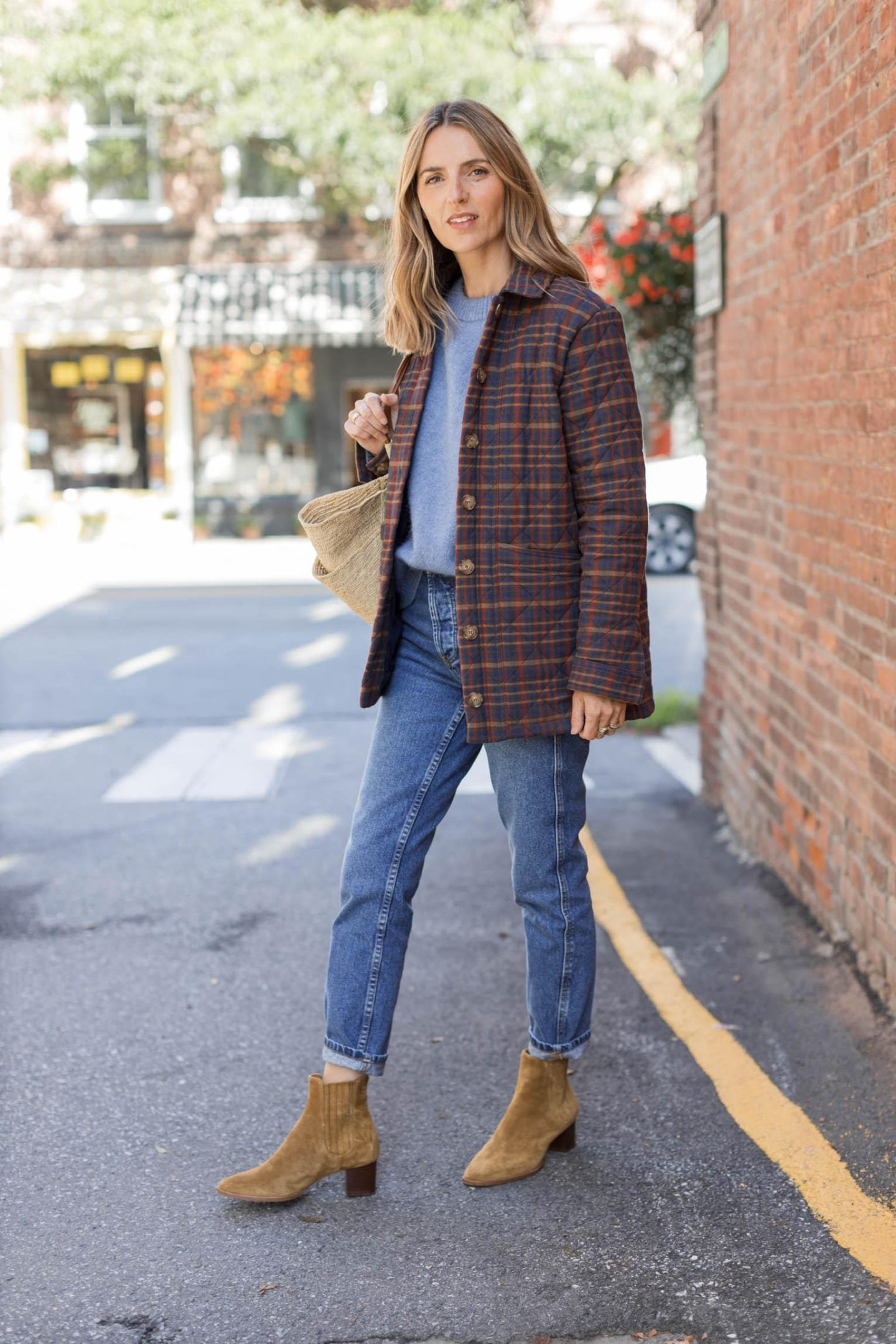 Plaid Quilted Jacket with Crewneck Sweater and Denim Plaid Quilted Jacket with Crewneck Sweater and Denim β Preppy Winter Outfits