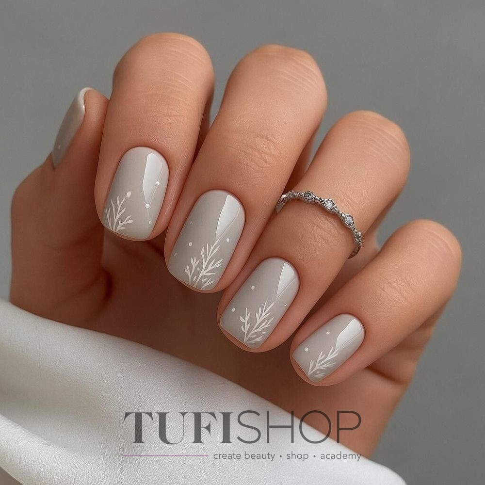 Light Gray with White Twig and Dot Accents — Winter Gray Nails