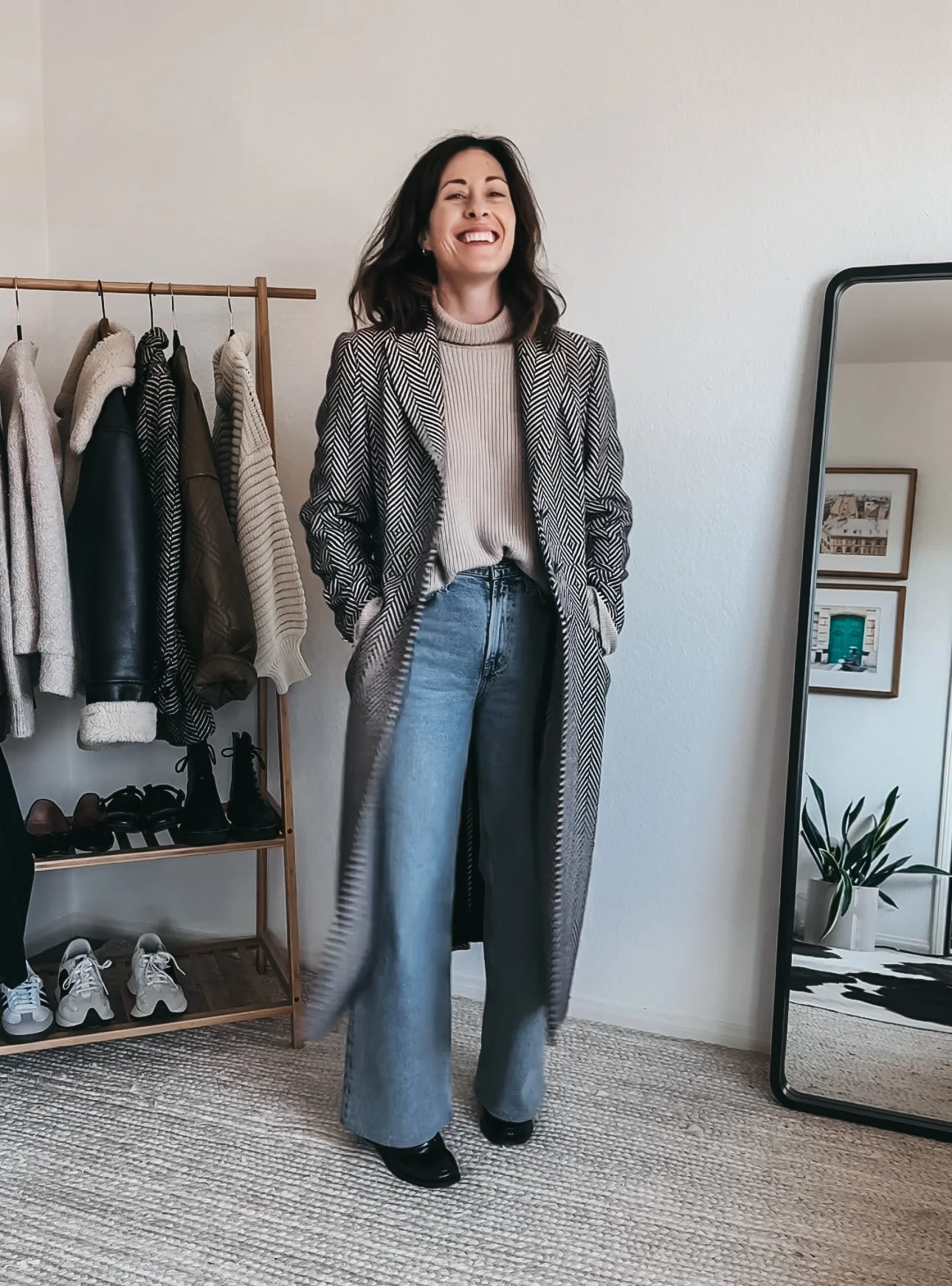 Chic Outerwear: Herringbone Coat with Cream Turtleneck — Winter Outfits with Wide Leg Jeans