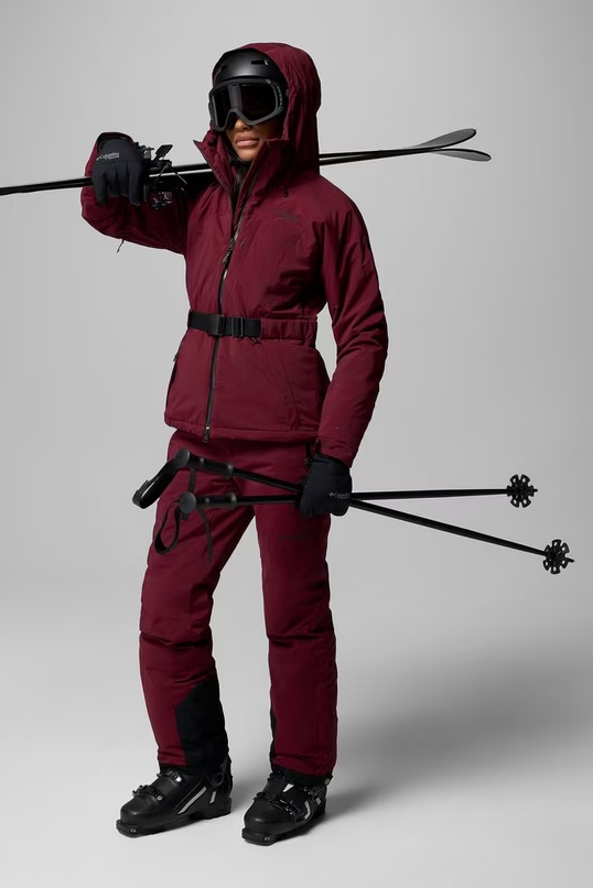 Fitted Maroon Ski Suit with Black Belt and Accessories Fitted Maroon Ski Suit with Black Belt and Accessories — Ski Outfits