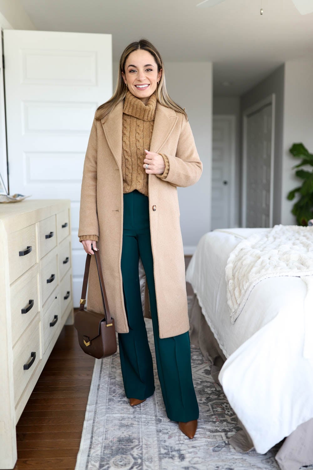 Camel Wool Coat with Teal Trousers for a Pop of Color Camel Wool Coat with Teal Trousers for a Pop of Color β Warm Winter Outfits