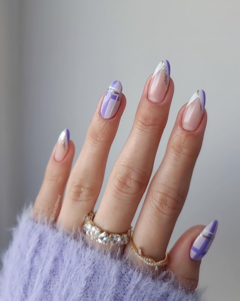 Sheer Pink Base Lilac White Silver Visual Idea — Medium Length Winter Nails