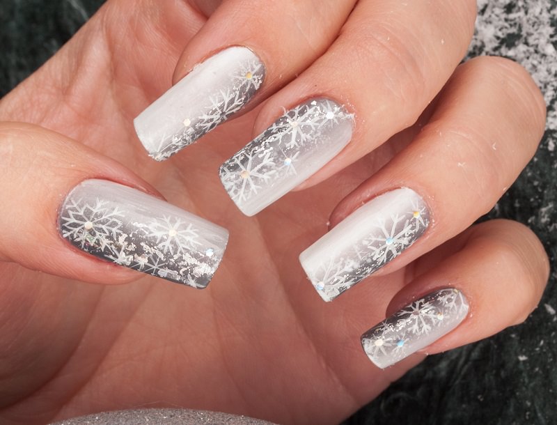 Grey and White Gradient Square Nails with Snowflakes Grey and White Gradient Square Nails with Snowflakes β Snowflake Nails