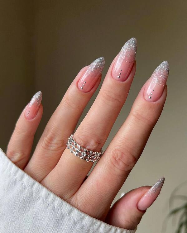 Sheer Pink Glitter Gradient with Silver Dots — Minimalist New Years Nails 2027