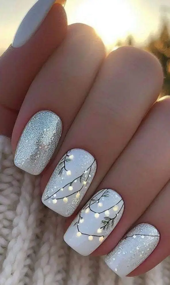 Winter String Light Pine Sprig Medium Square Winter String Light Pine Sprig Medium Square β Winter Wedding Nails