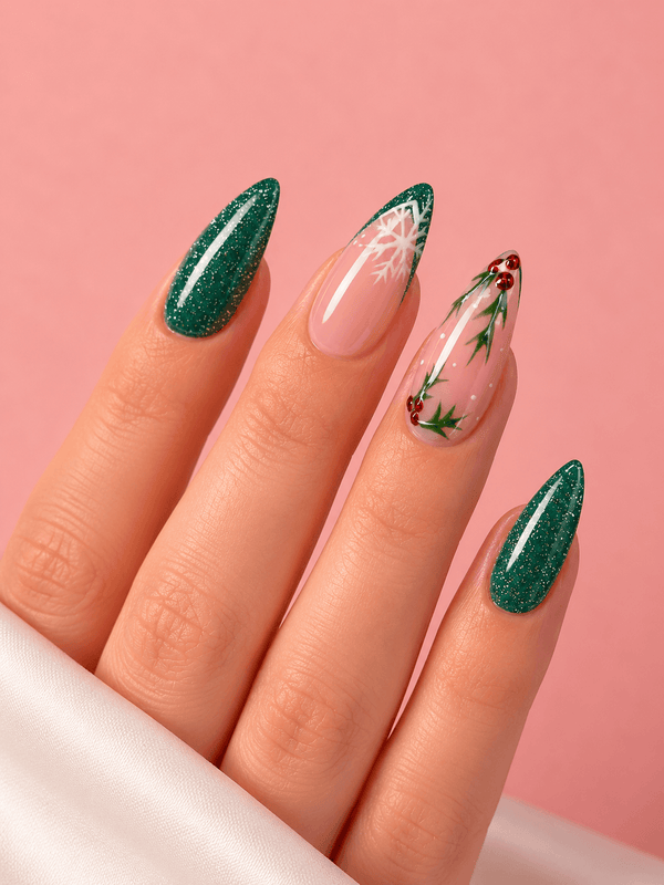 Medium Stiletto Glitter Green with Festive Accents Medium Stiletto Glitter Green with Festive Accents β Burgundy Christmas Nails 2026
