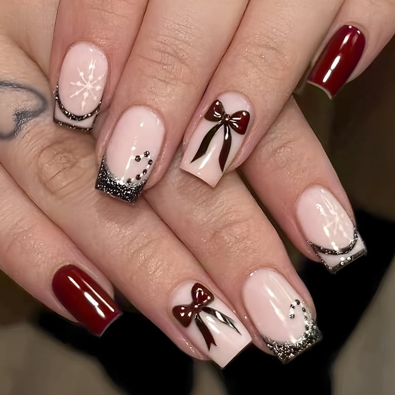 Medium Square 3D Dark Red Bows Medium Square 3D Dark Red Bows β Winter Bow Nails