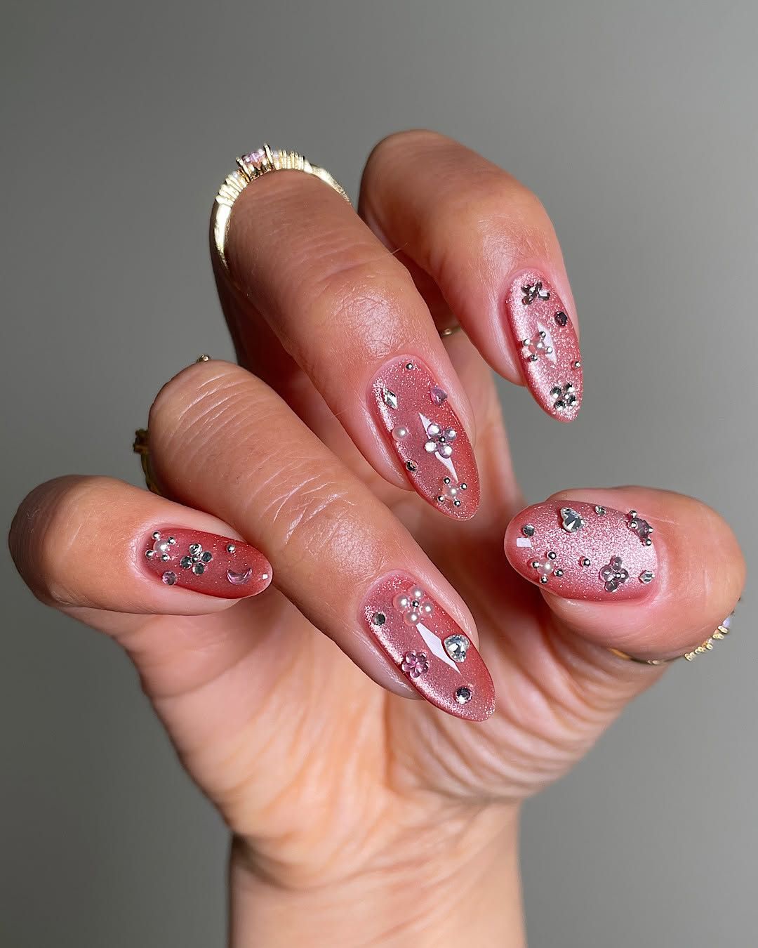 Medium Almond Rhinestone Floral Charm Nails — Winter Wedding Guest Nails