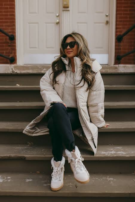 Cream Puffer Coat with Grey Sweater and Black Pants — Neutral Winter Outfits