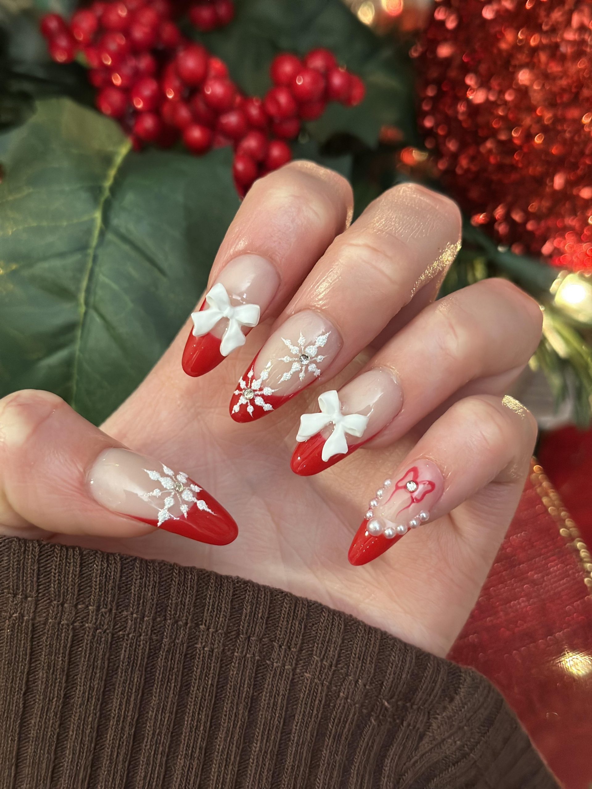Red French Tip Snowflake Bow Nails Red French Tip Snowflake Bow Nails β Winter Birthday Nails