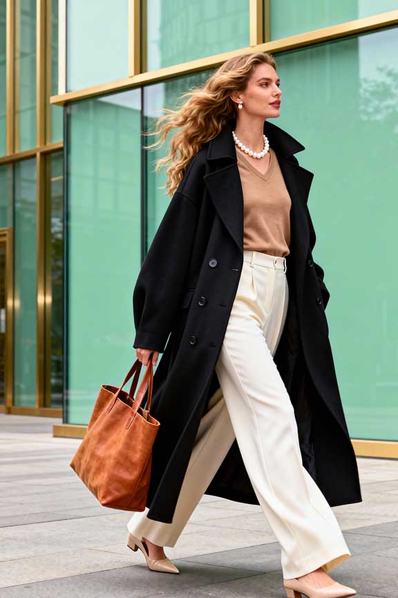 Classic Black Double-Breasted Coat with Tan and White Classic Black Double-Breasted Coat with Tan and White β Black Coat Outfits