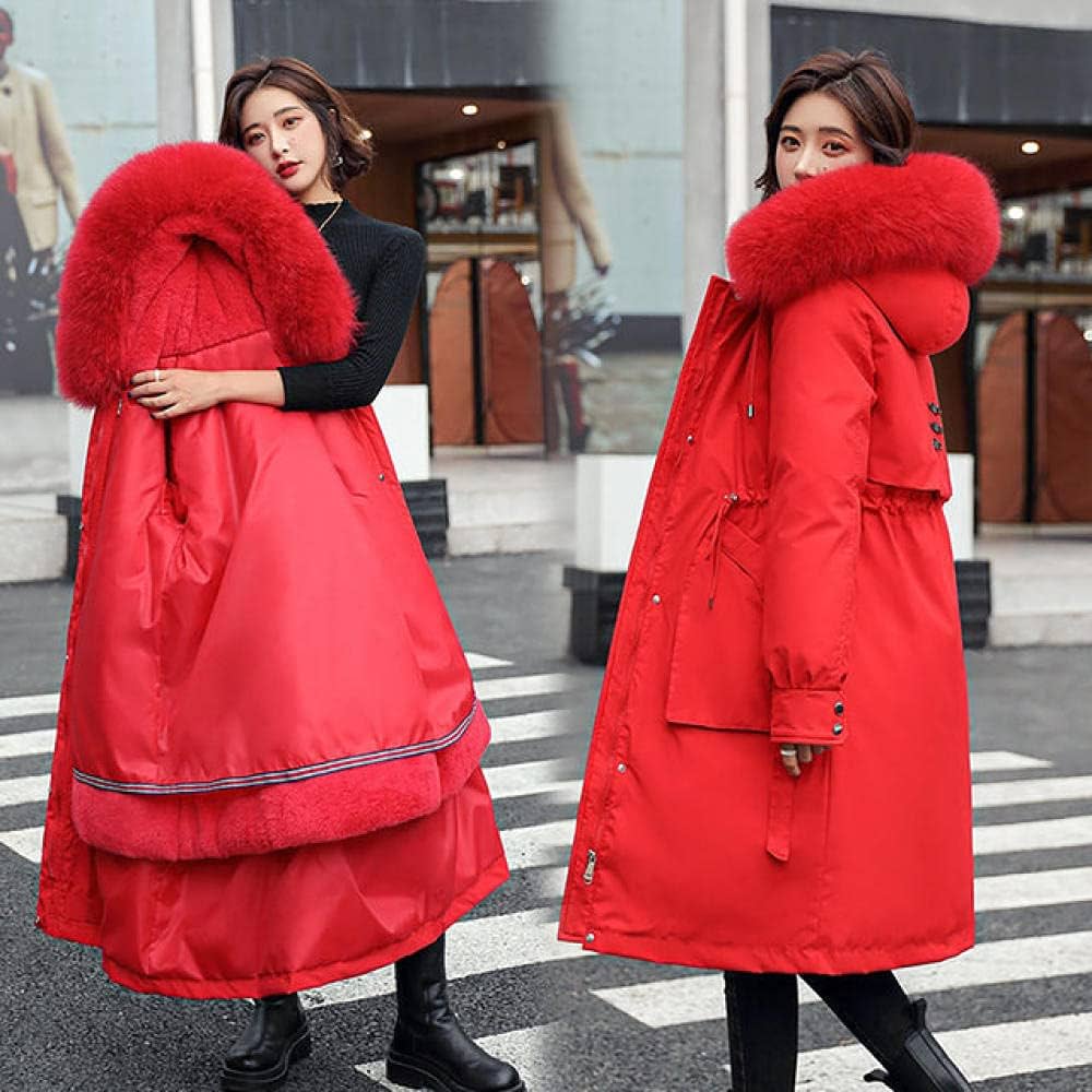 Red Long Puffer Coat with Faux Fur-Trimmed Hood — Winter Puffer Jacket Outfits