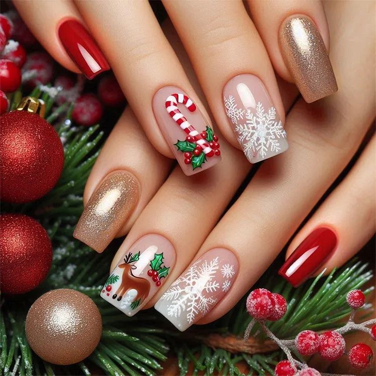 Red Gold Transparent White Visual Idea — Cute New Years Nails 2027