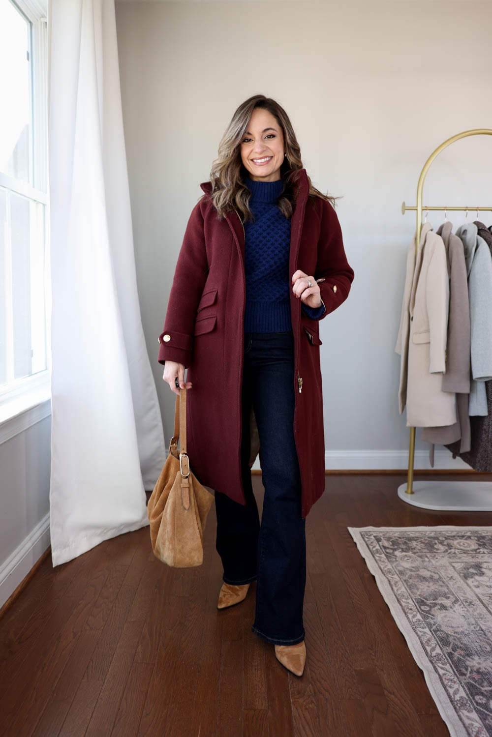 Burgundy Wool Coat with Flared Jeans — Casual Winter Outfits