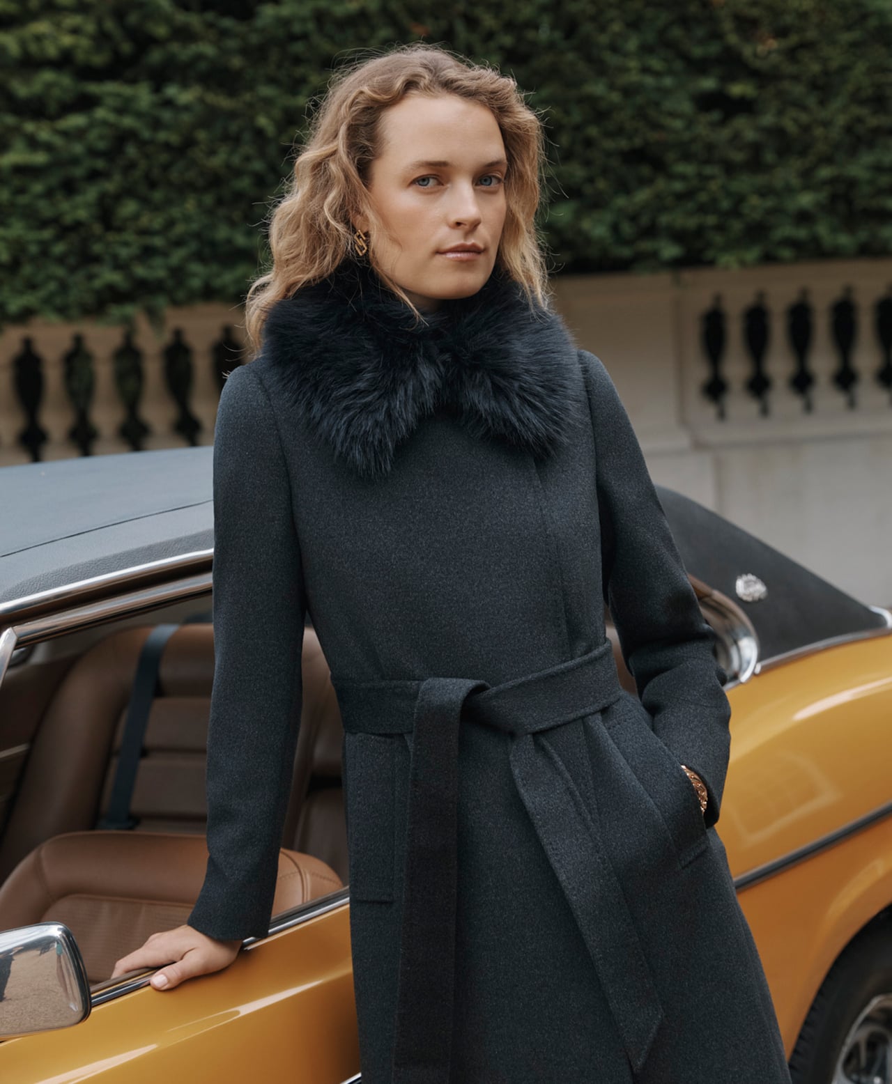 Dark Grey Belted Wool Coat with Faux Fur Collar — Winter Coats for Women