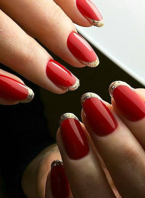 Deep Red with Gold Glitter French Tips — Red Christmas Nails 2026