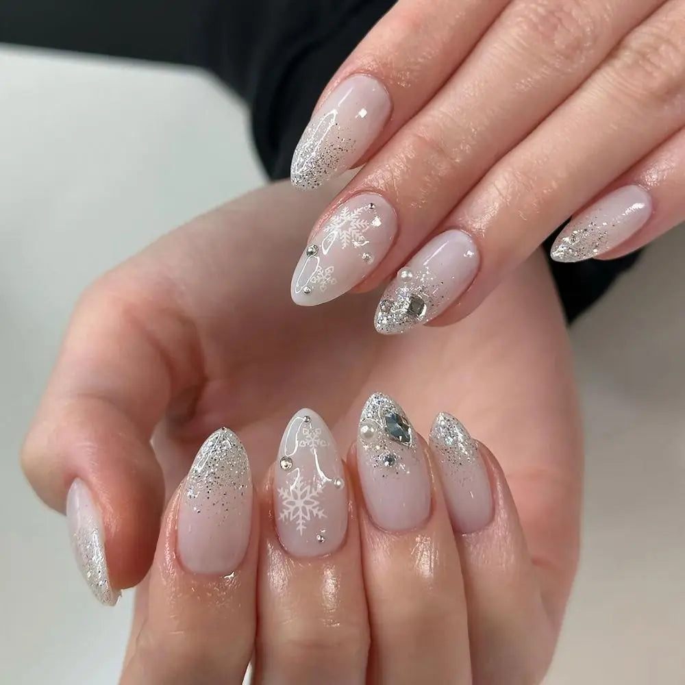 Embellished Snowflake Pearl Glitter Nails — Winter Nail Art