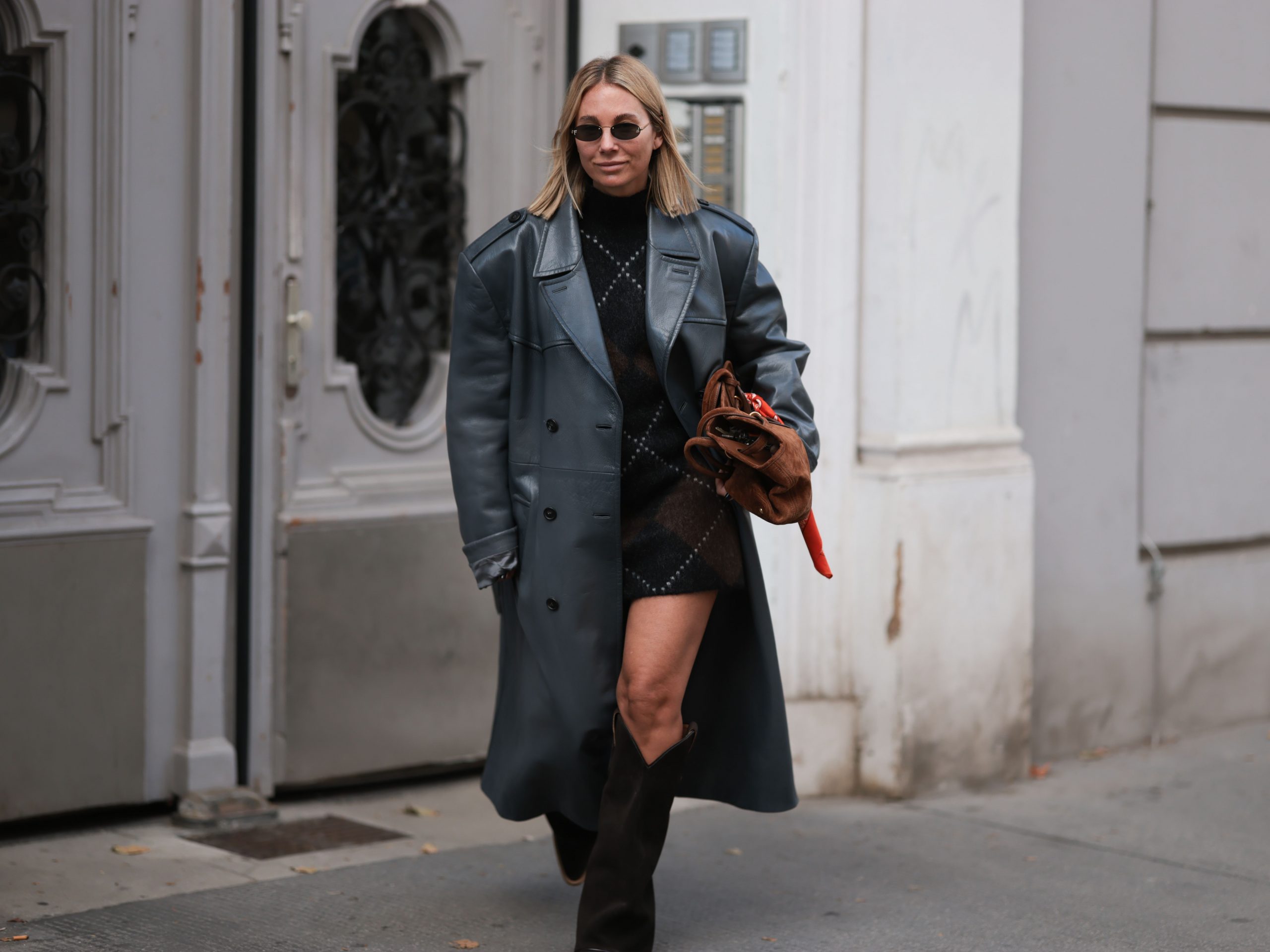 Edgy Leather Trench Coat with Knit Dress and Boots Edgy Leather Trench Coat with Knit Dress and Boots β Winter Outfits for Women Over 40