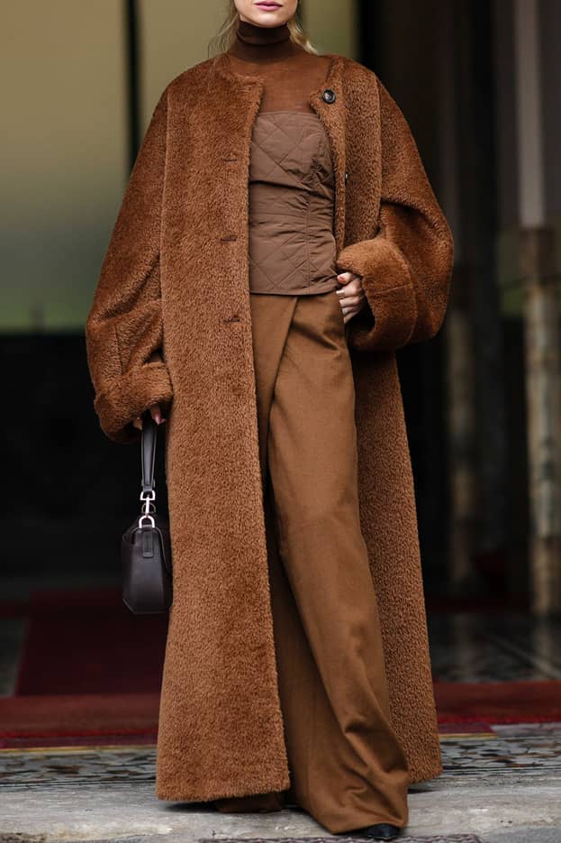 Brown Bouclé Coat with Quilted Corset and Clogs — Minimalist Winter Outfits