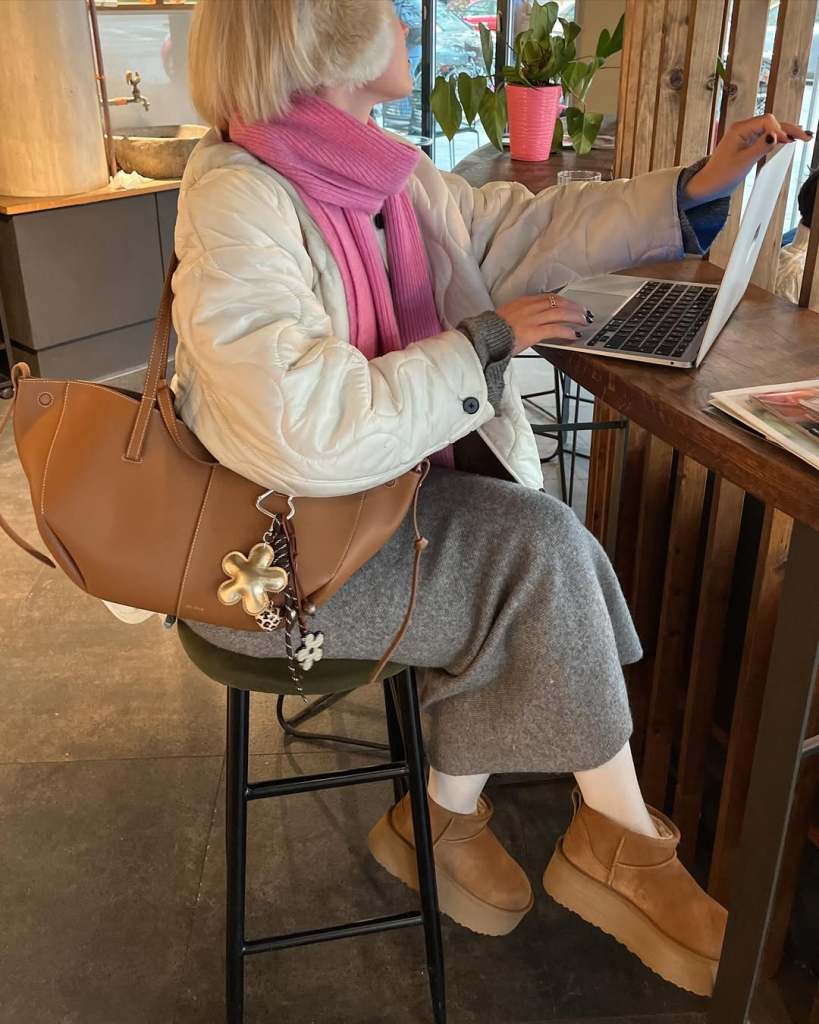 White Quilted Jacket with a Grey Midi Skirt — Cute Winter Outfits