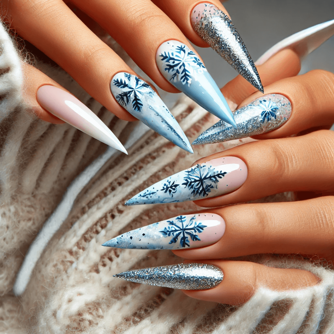 Glossy Glitter Blue Snowflake Glitter Stiletto Nails Glossy Glitter Blue Snowflake Glitter Stiletto Nails β Winter Stiletto Nails