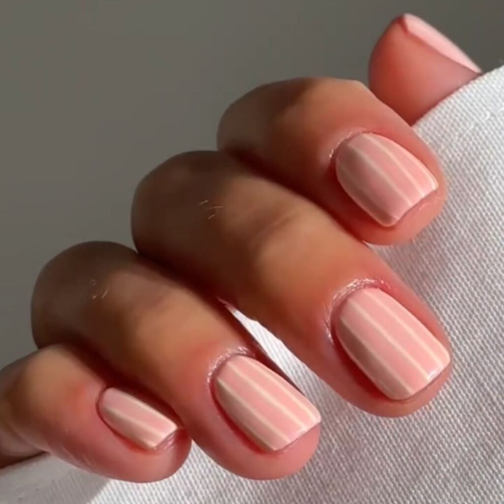 Light Pink with White Stripes Nails — Short Winter Gel Nails