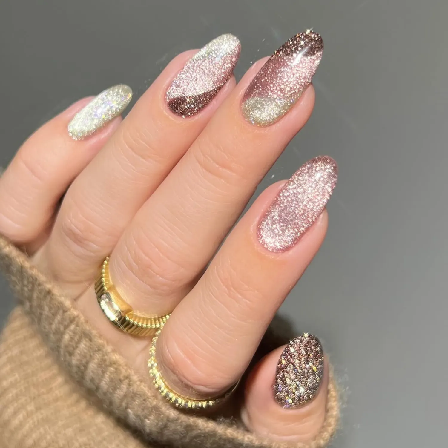 Diagonal Split Pink and Brown Glitter Diagonal Split Pink and Brown Glitter β Winter Pink Nails