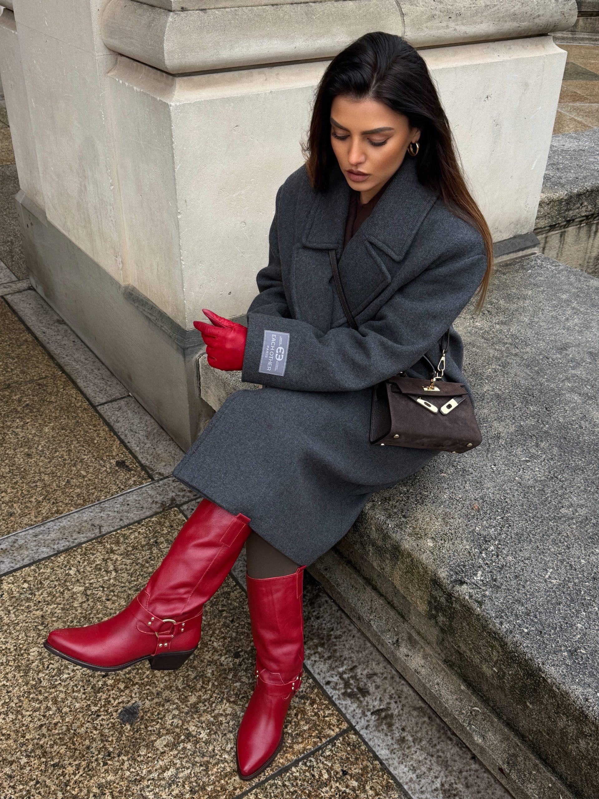 Vibrant Red Cowboy Boots Elevate a Neutral Wool Coat Ensemble — Winter Boots Outfits