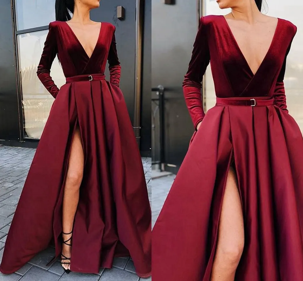 Burgundy Velvet and Satin A-Line with High Slit — Winter Formal Dresses