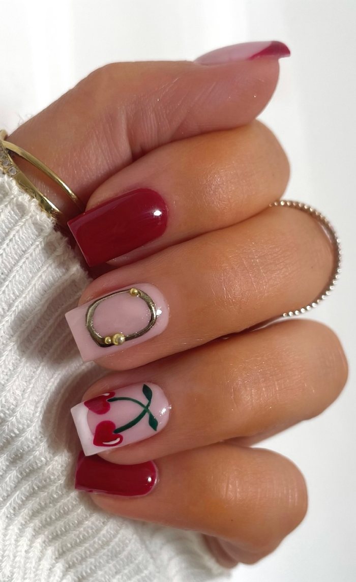 Medium Square French with Cherry Art and Gold — Cherry Red Nails