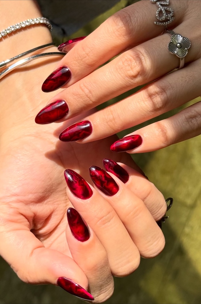 Deep Glossy Red Marble on Almond Nails — Winter Marble Nails