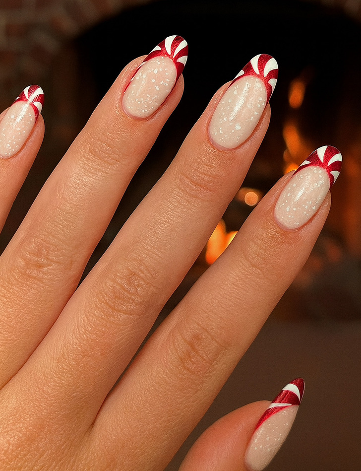 Red and White Stripe French Tip Almond Nails — Christmas Nails for Kids 2026