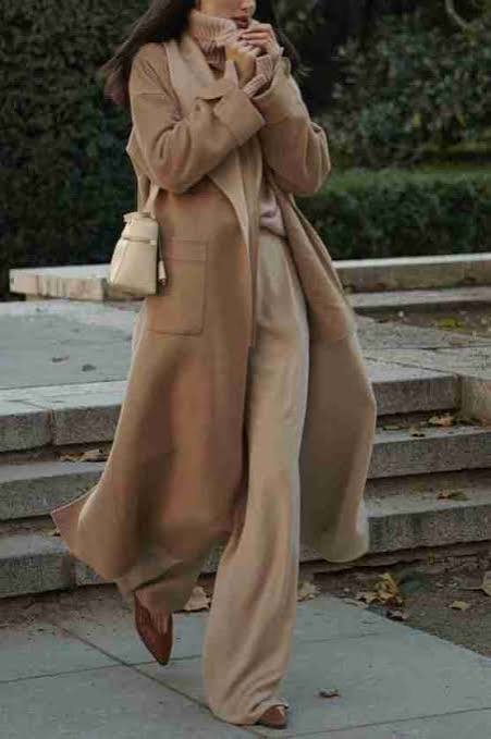 Monochromatic Beige Ensemble with Flowing Trousers — Old Money Winter Outfits