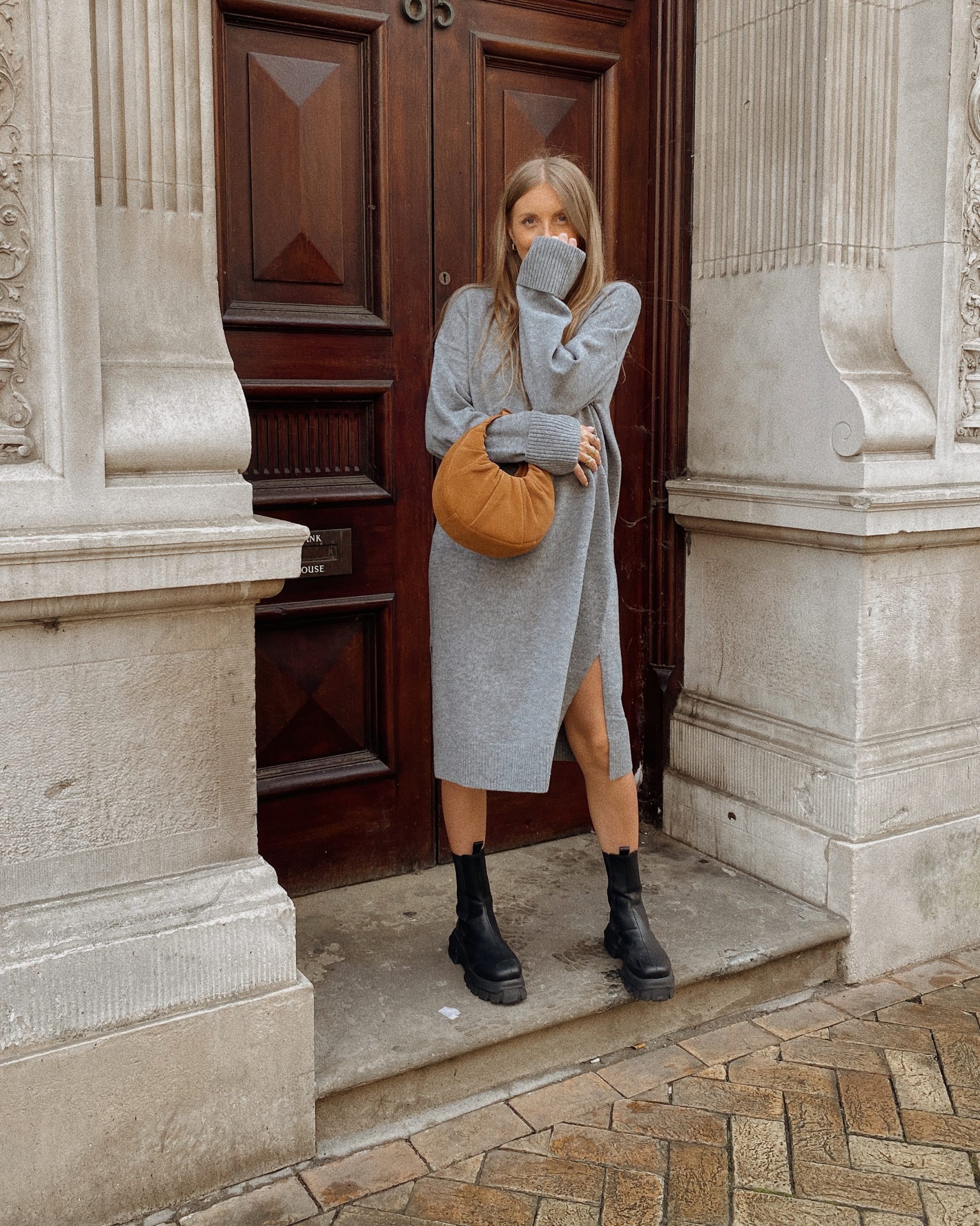 Ribbed Knit Midi Dress with Chunky Boots and Shoulder Bag — January Outfits