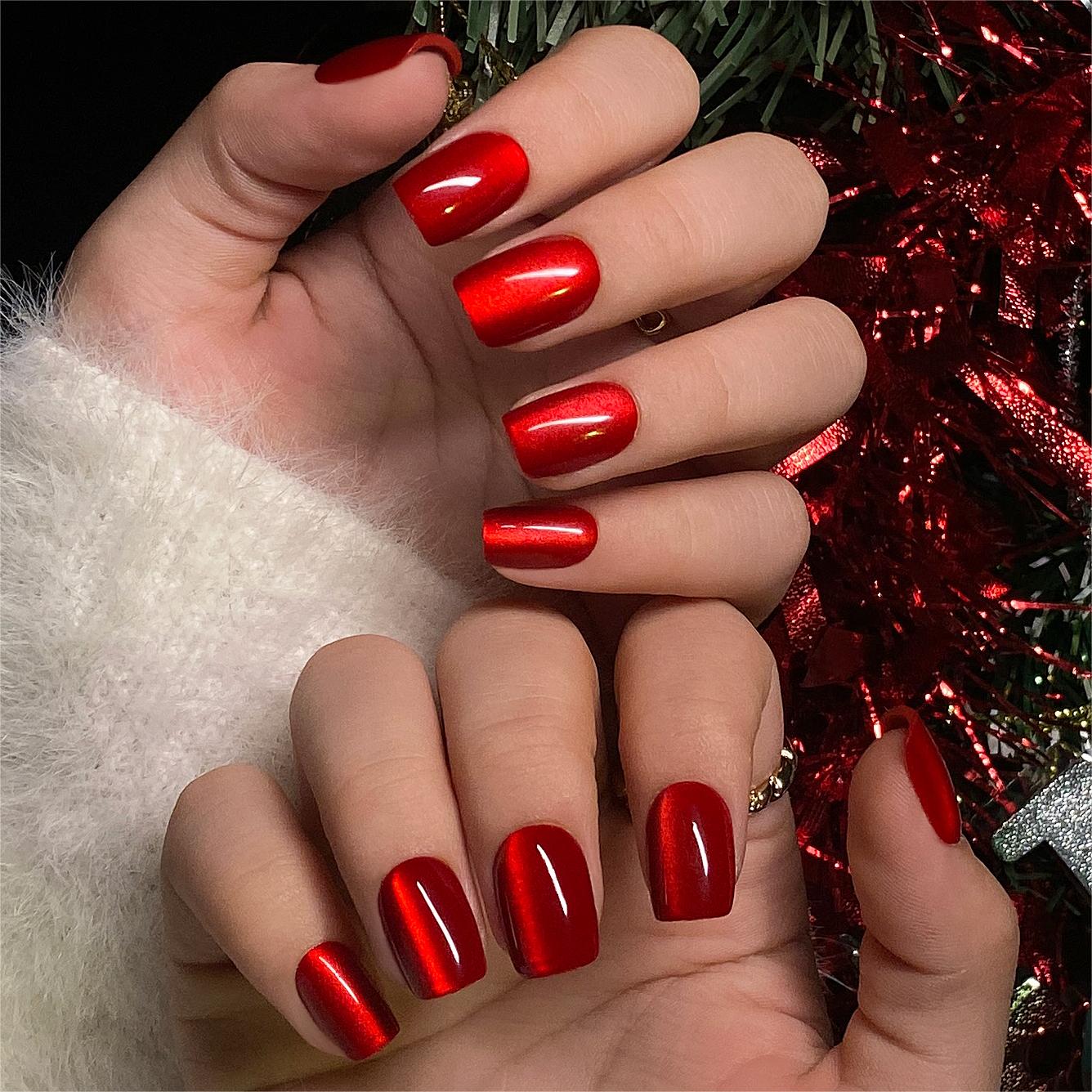 Deep Red Orangey Cat-Eye Square Nails Deep Red Orangey Cat-Eye Square Nails β New Years Dip Powder Nails 2027