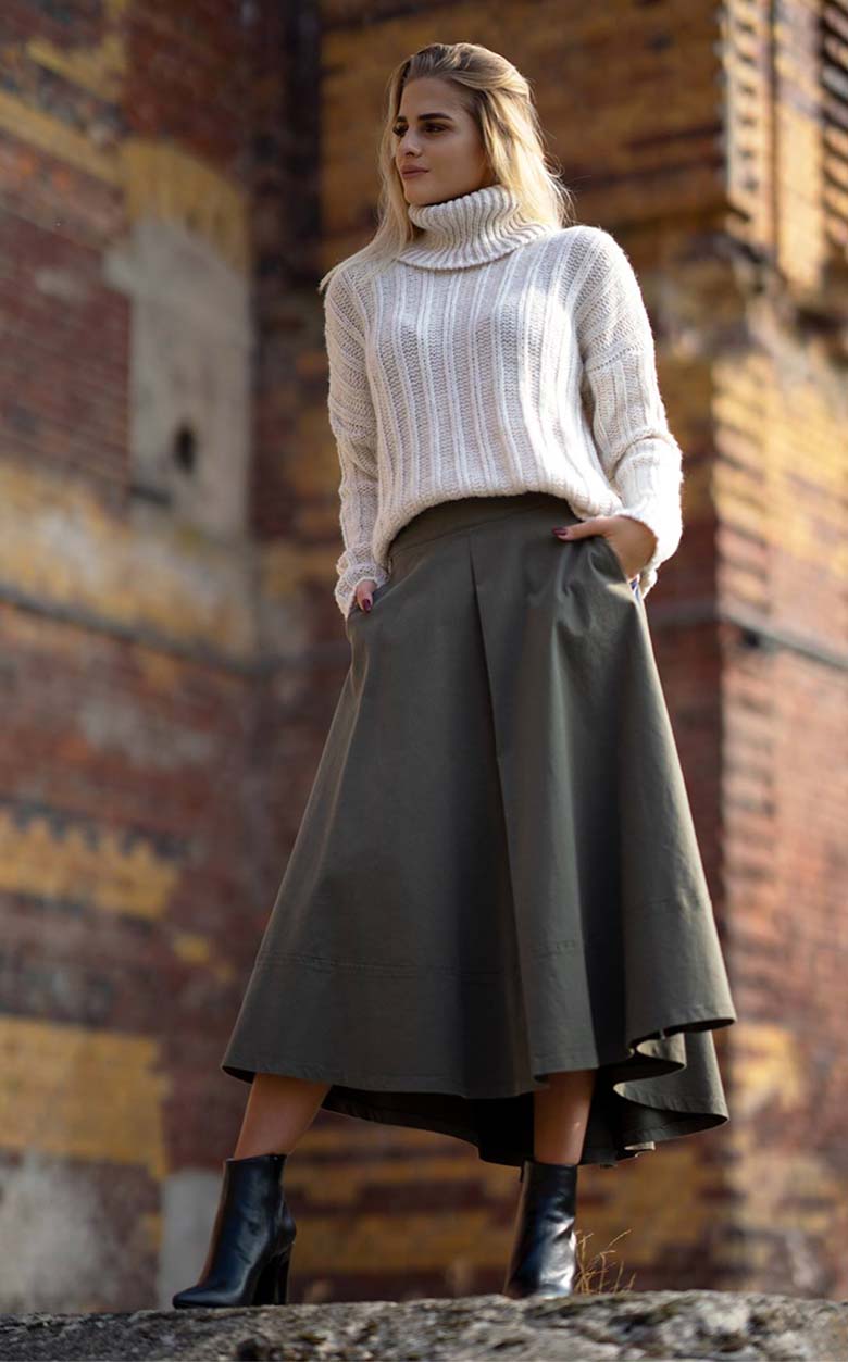 Textural Contrast: Chunky Knit Turtleneck with A-Line Skirt — Late Winter Outfits