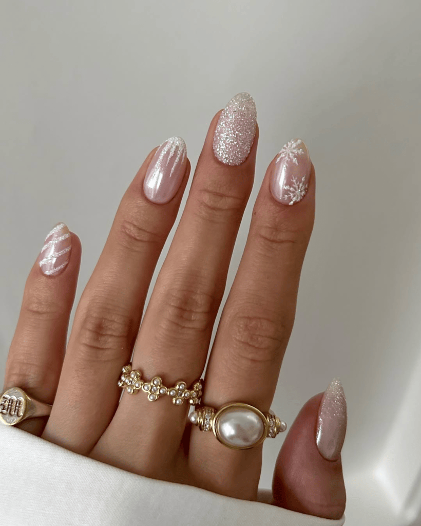 Medium Almond Pale Pink Snowflakes Glitter — Winter Nail Designs