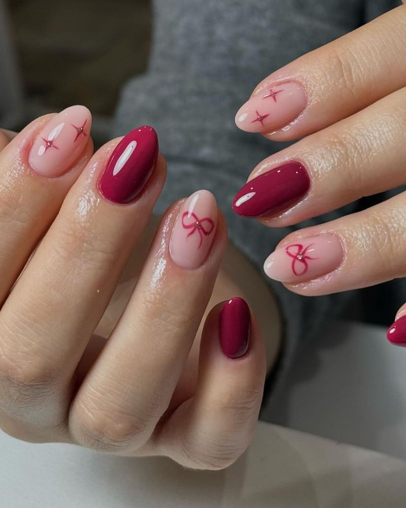 Short Oval Deep Pink Nude Bow Stars Short Oval Deep Pink Nude Bow Stars β Winter Bow Nails