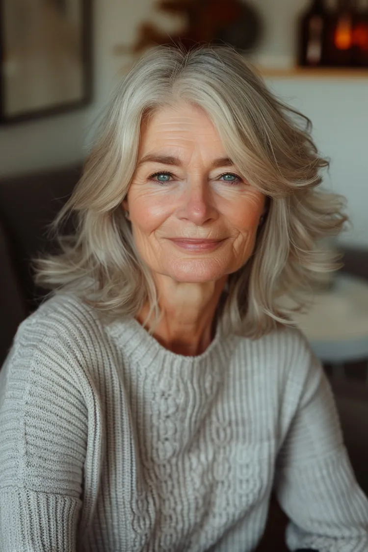 Silver Collarbone Lob With Loose Waves — Winter Haircuts for Women Over 70