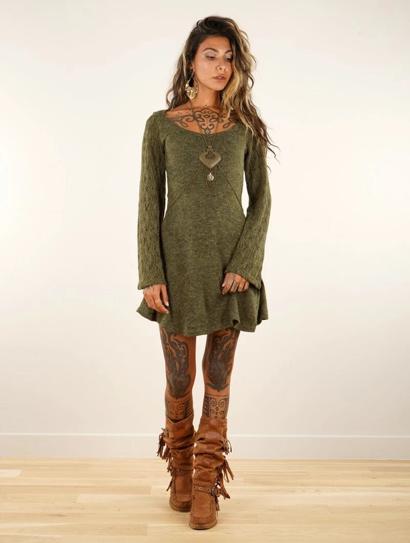 Olive Green Knit Dress with Fringed Boots — Boho Winter Outfits