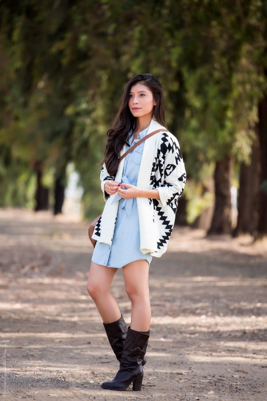 Oversized Geometric Cardigan Over a Light Blue Denim Dress — Cardigan Outfits