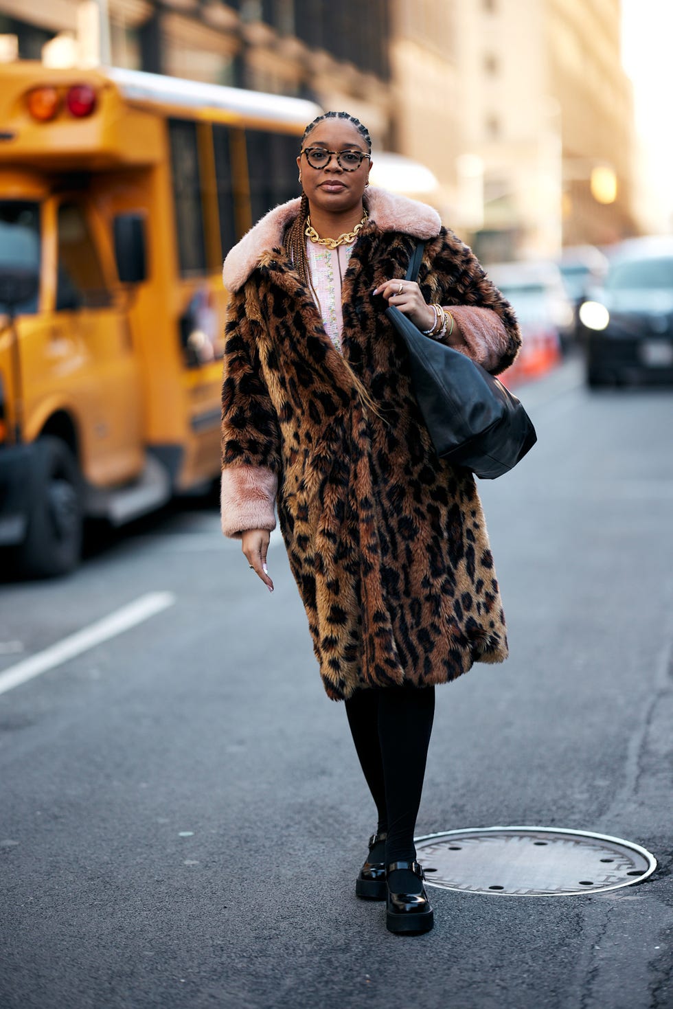 Leopard Print Faux Fur Coat Over Patterned Top Leopard Print Faux Fur Coat Over Patterned Top β Winter Work Outfits