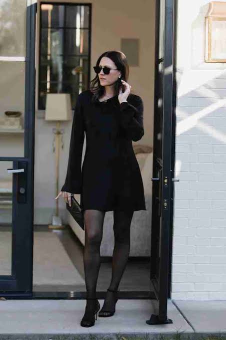 Monochromatic Black Mini Dress with Sheer Patterned Tights Monochromatic Black Mini Dress with Sheer Patterned Tights β Winter Date Night Outfits