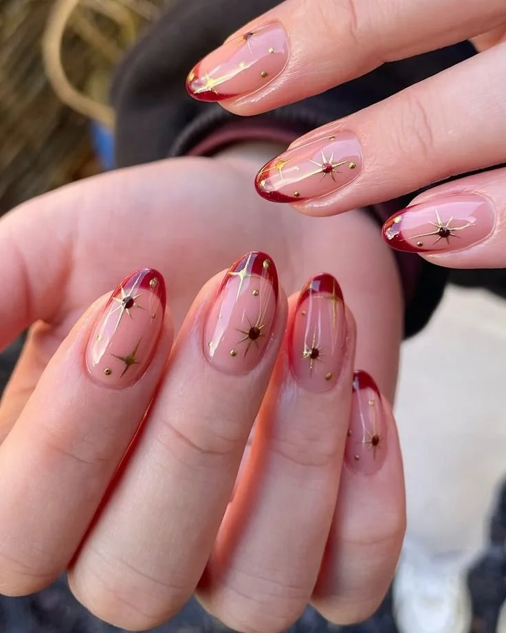 Deep Red French with Gold Stars and Dots Deep Red French with Gold Stars and Dots β New Years Acrylic Nails 2027