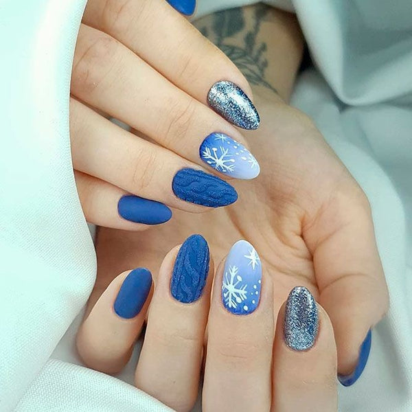 Blue Cable Knit & Snowflake Nails — Christmas Nail Designs 2026