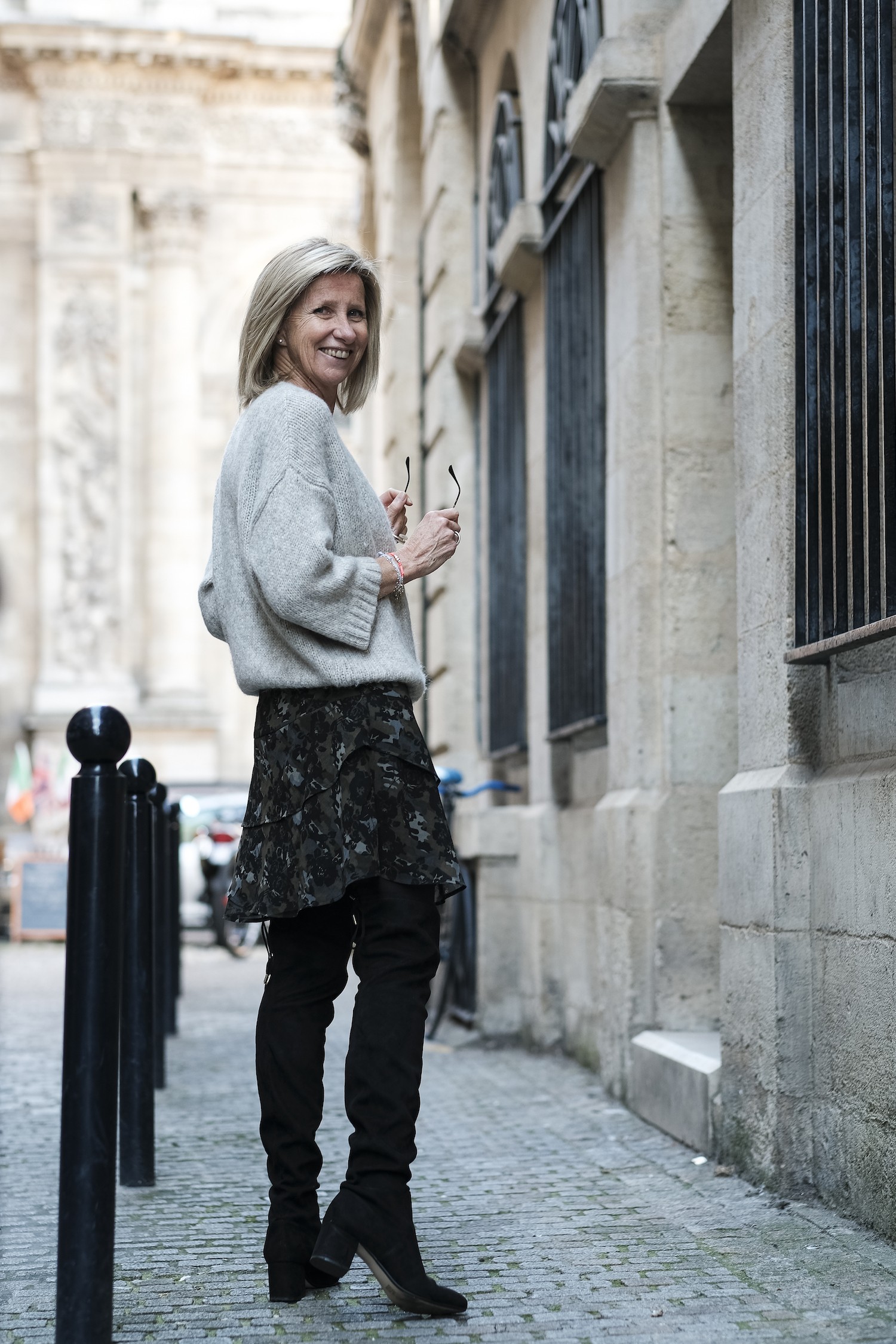 Camouflage Skirt with Grey Sweater and Black Boots — Knee High Boots Outfits
