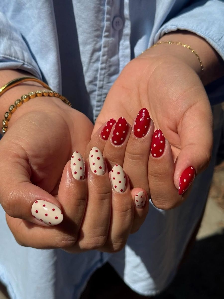 Cream Red Polka Dot Nails Cream Red Polka Dot Nails β Medium Christmas Nails 2026